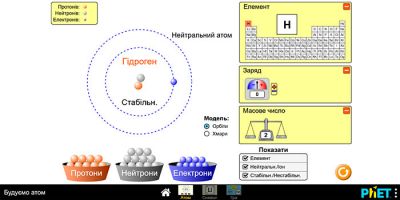 Побудова атома Гідрогену в Phet
